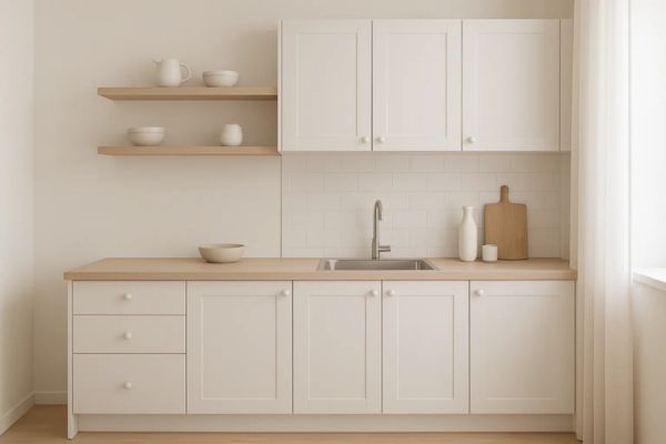 Cozinha compacta minimalista com armários fechados e poucos itens expostos