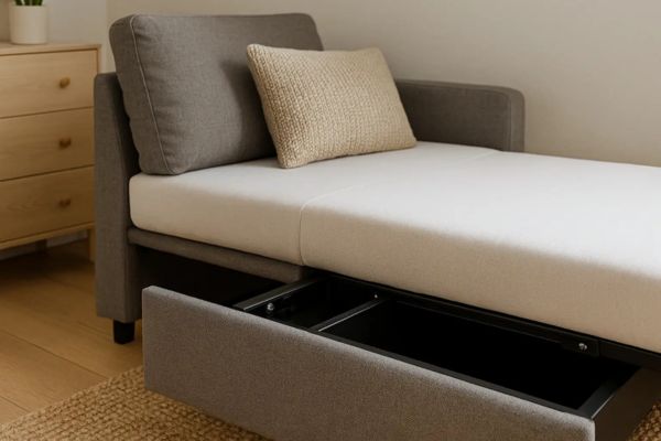 O baú sob o assento é ideal para guardar roupas de cama.