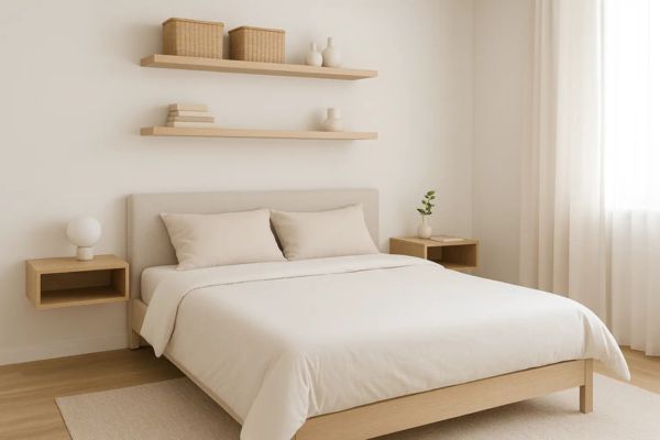 Quarto minimalista com cama baú, criados e prateleiras que otimizam o espaço.