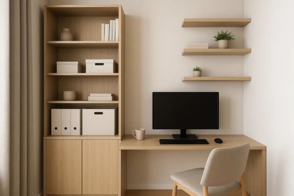 estante vertical com prateleiras facilita a organização