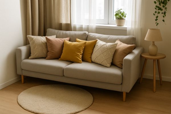 Almofadas decorativas coloridas em sofá neutro em sala pequena