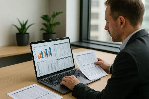 Análise de rentabilidade e vacância em microapartamentos Investidor analisa planilhas de rentabilidade e vacância de imóveis compactos em notebook
