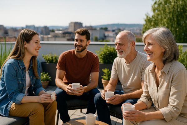 Casal maduro e vizinhos mais jovens tomando café e conversando em terraço ensolarado com vista urbana e plantas ao redor
