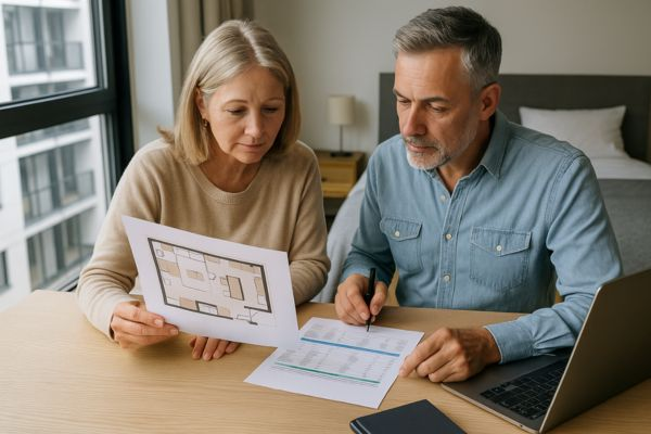 Casal de investidores observando maquete de microapartamento em ambiente moderno