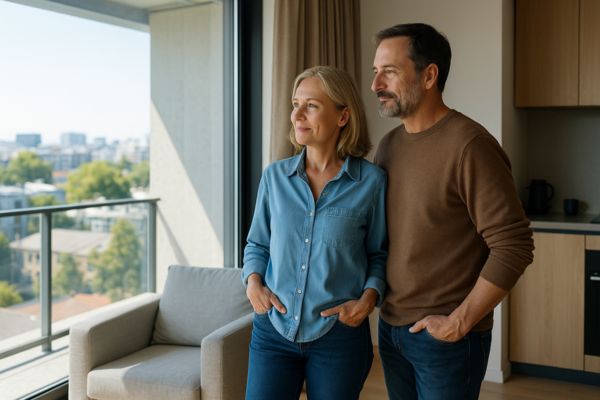 Casal de meia-idade observa a vista pela janela de um microapartamento iluminado pela luz natural