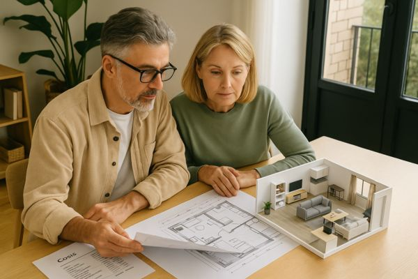 Casal de meia-idade avaliando microapartamento para investimento Casal de meia-idade analisa plantas e custos de um microapartamento bem localizado