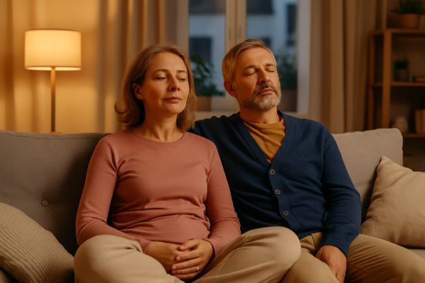 Casal de meia-idade relaxando juntos com olhos fechados e expressões calmas em sala iluminada por luz amarelada
