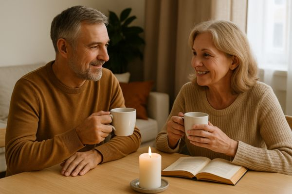 Casal de meia-idade tomando chá em mesa organizada com luz suave e ambiente acolhedor