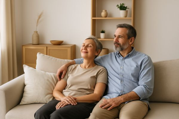 casal de meia-idade sorrindo juntos em um ambiente minimalista, representando leveza e bem-estar emocional