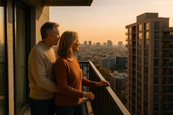 Casal de meia-idade observa a paisagem urbana a partir da varanda de um microapartamento