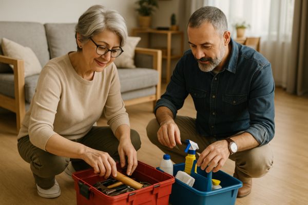 Casal maduro organizando caixa de ferramentas e produtos de manutenção leve em apartamento compacto