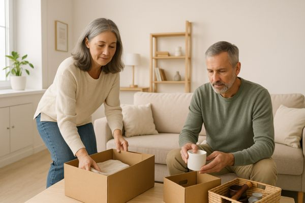 Casal de meia-idade guardando objetos em caixas em um apartamento organizado e iluminado, representando consumo consciente