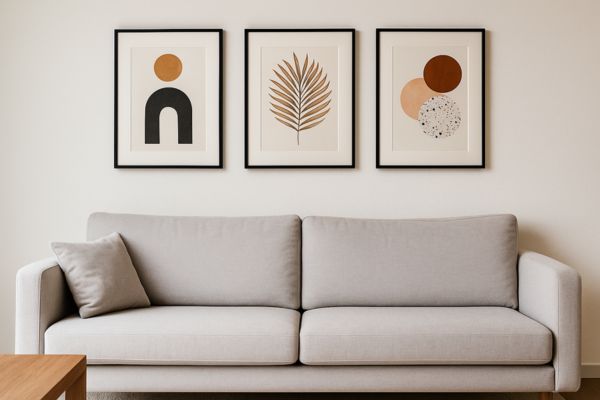 Composição de três quadros em molduras finas sobre sofá pequeno