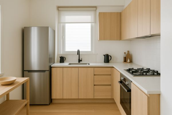 Cozinha minimalista e funcional em apartamento compacto Cozinha compacta e organizada com poucos utensílios, mostrando eficiência e praticidade no cotidiano
