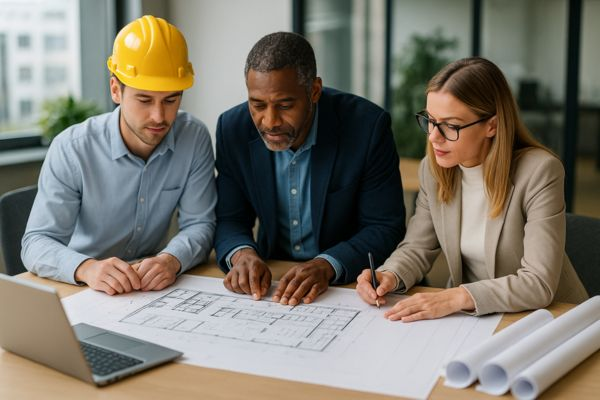 Engenheiros e arquitetos observam planta detalhada de edifício moderno de microapartamentos