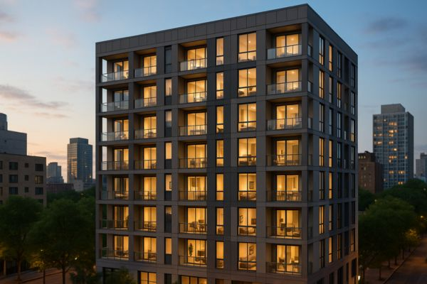 Fachada moderna de edifício de microapartamentos em área central