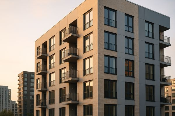 Fachada moderna de edifício de microapartamentos em área urbana