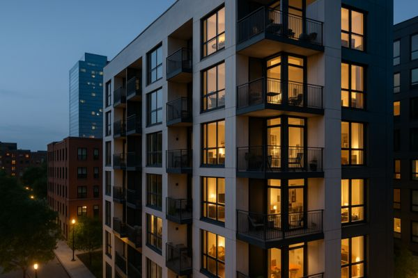 Fachada moderna de prédio de microapartamentos em área urbana