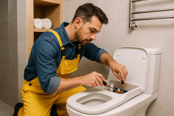Homem ajustando configurações de economia em eletrodoméstico moderno Homem de meia-idade usa eletrodoméstico eficiente em modo de economia de energia