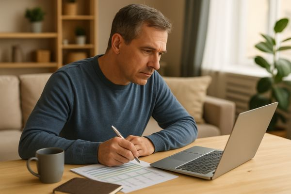 Homem de meia-idade atualiza planilha com despesas e metas de economia