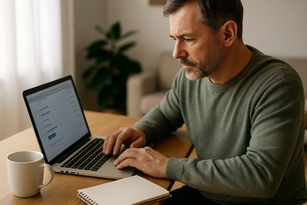 Homem de meia-idade analisa lista de serviços digitais e cancela assinaturas pouco usadas