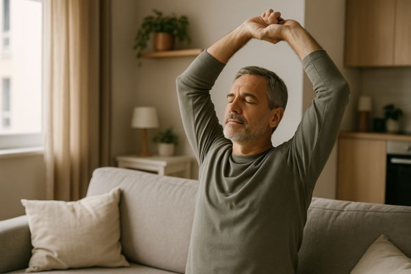 Homem de meia-idade alongando os braços e respirando fundo durante uma pausa curta em apartamento compacto