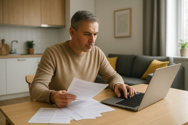 Homem de meia-idade revisando contas e assinaturas no notebook em microapartamento moderno