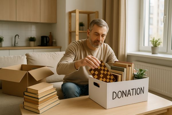Homem de meia-idade separando livros e objetos para doação em microapartamento aconchegante Homem de meia-idade separando livros e objetos para doação em microapartamento aconchegante