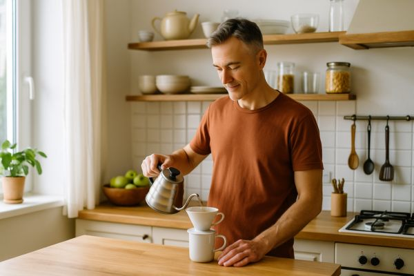 Homem de meia-idade preparando café da manhã em ambiente compacto