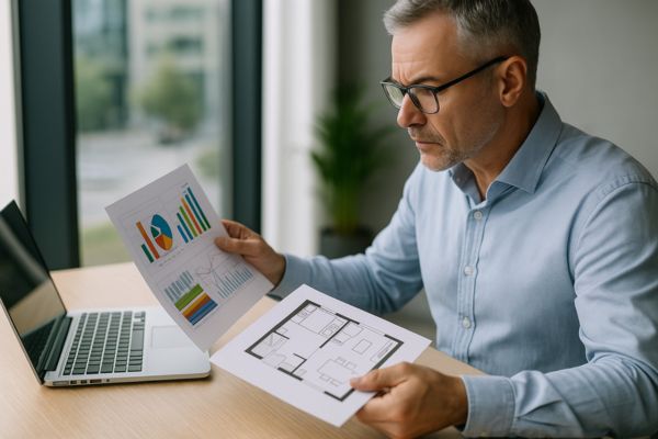 Homem analisa gráficos e planta baixa de apartamento compacto como opção de investimento