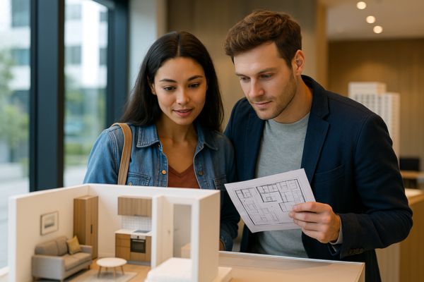 Jovem casal observando maquete de microapartamento em estande de vendas