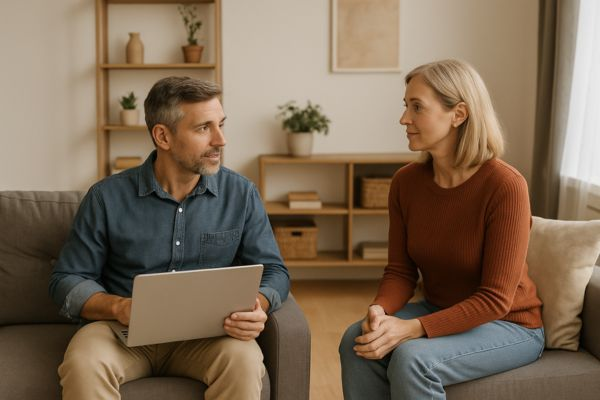 Jovem empresário analisa gráficos e planilhas de rentabilidade de imóveis compactos em notebook