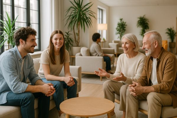 Jovens e pessoas maduras conversando em área comum de prédio moderno