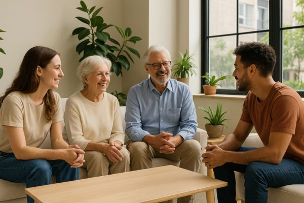 Moradores conversando com simpatia em área comum de condomínio moderno
