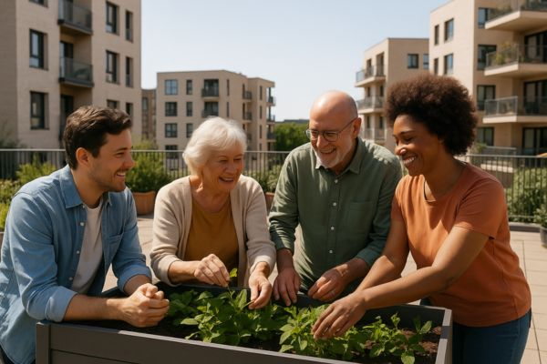 Pessoas de diferentes idades cultivando ervas e flores em horta coletiva ensolarada, sorrindo e interagindo com leveza
