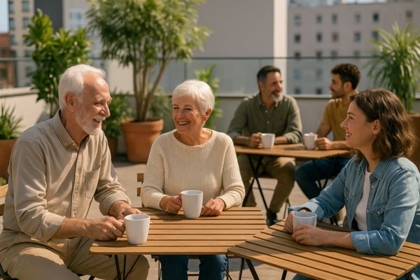 Pessoas de diferentes idades reunidas em rooftop de condomínio moderno, tomando café e conversando em ambiente iluminado e acolhedor