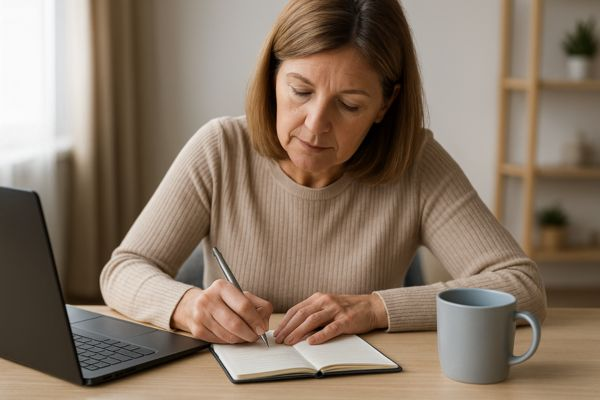 Mulher de meia-idade anotando metas financeiras em caderno sobre mesa compacta