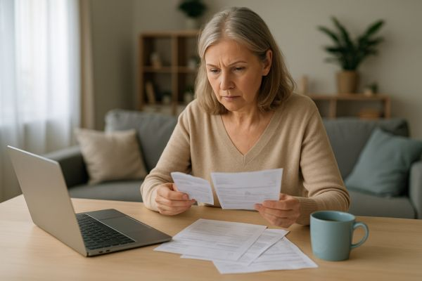 Mulher de meia-idade analisando contas e faturas sobre a mesa