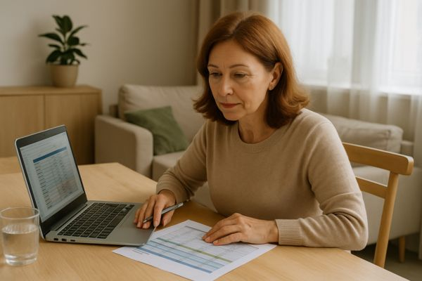 Mulher de meia-idade organizando planilha de orçamento doméstico no notebook