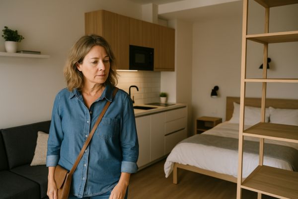 Mulher de meia-idade avalia o espaço de um microapartamento bem decorado e funcional
