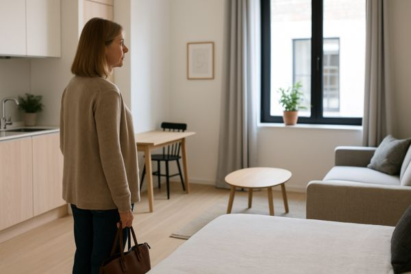 Mulher de meia-idade observa os detalhes de um microapartamento decorado para locação