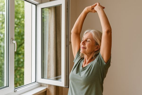 Mulher de meia-idade praticando alongamento matinal em espaço pequeno