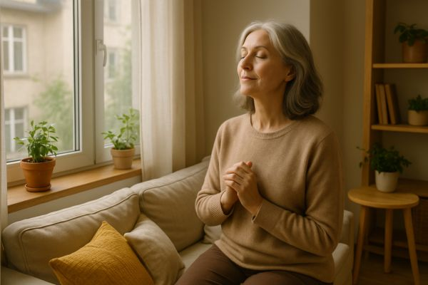 Mulher madura fazendo uma pausa tranquila perto da janela de microapartamento iluminado por luz natural suave