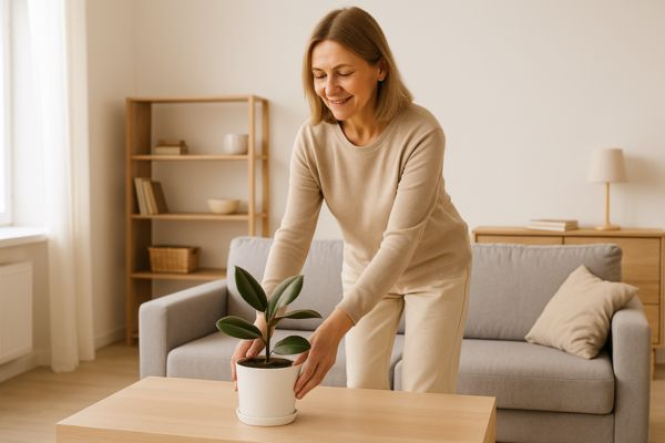 Mulher madura organizando uma sala minimalista e iluminada