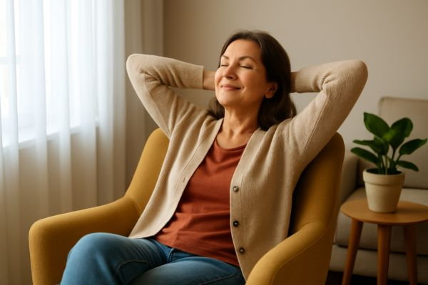 Mulher madura relaxando em poltrona iluminada por luz natural em apartamento pequeno