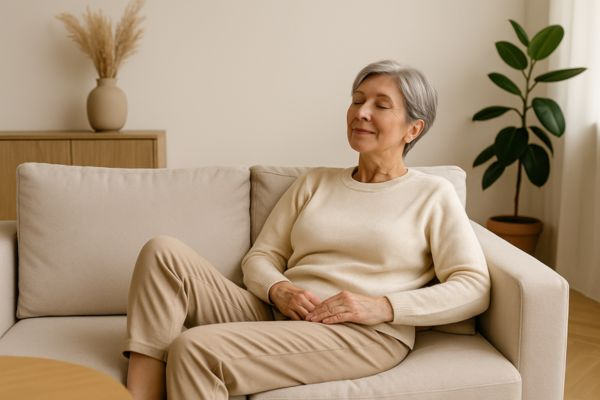 Mulher de meia-idade descansando em ambiente minimalista e acolhedor, apreciando a tranquilidade após simplificar o lar
