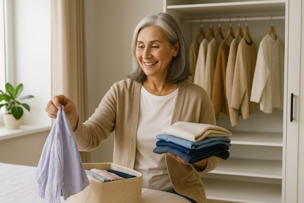 Mulher madura reorganizando armário e sorrindo ao doar roupas