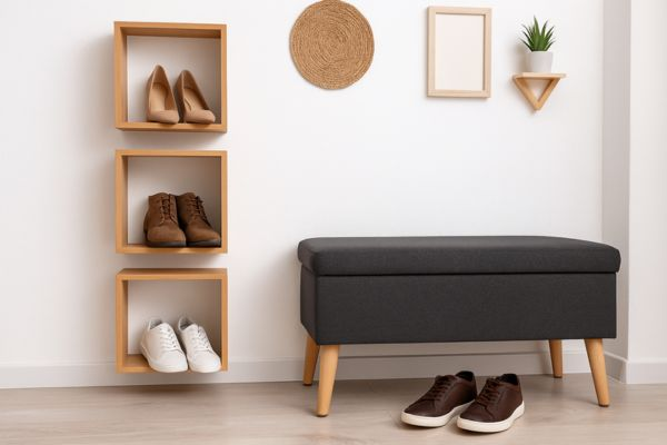 Nichos de madeira com sapatos organizados em ambiente integrado