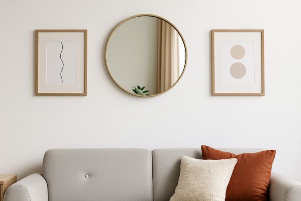 Parede com espelho redondo e composição de quadros em micro-apartamento