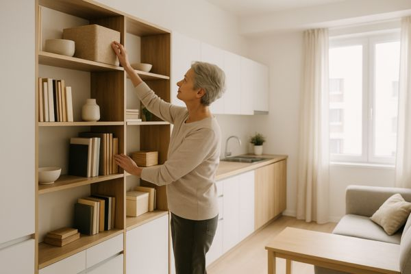 Pessoa madura organizando o lar em microapartamento bem planejado Pessoa madura arrumando estante e móveis multifuncionais em microapartamento claro e acolhedor